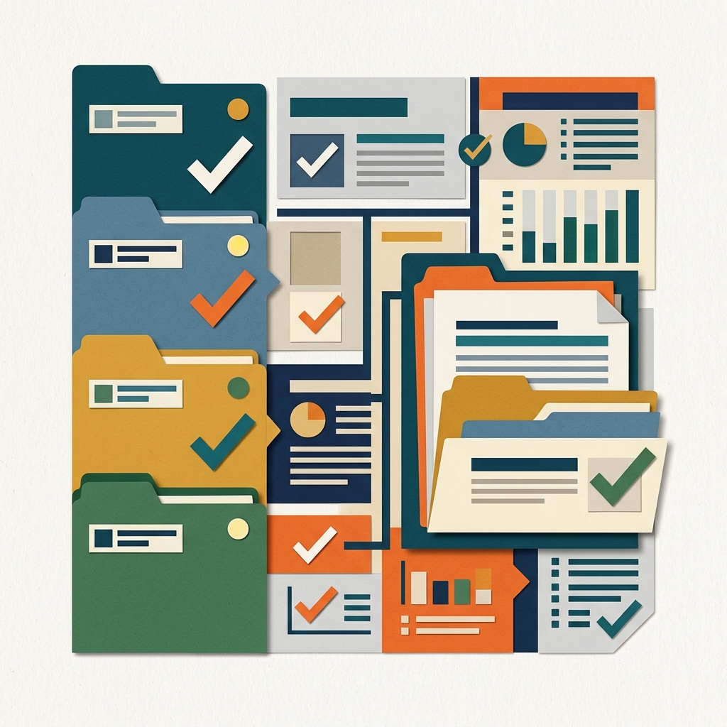 A flat editorial collage illustration representing structured document sections.