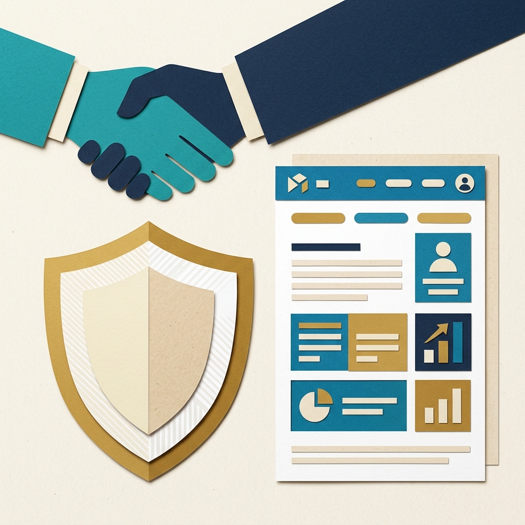 A flat editorial collage illustration representing trust and transparency in business relations.