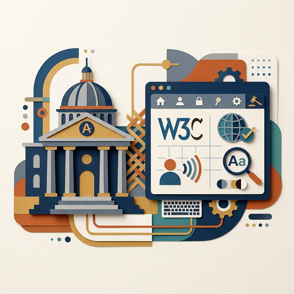 A flat editorial collage illustration representing digital legal compliance and web accessibility guidelines.