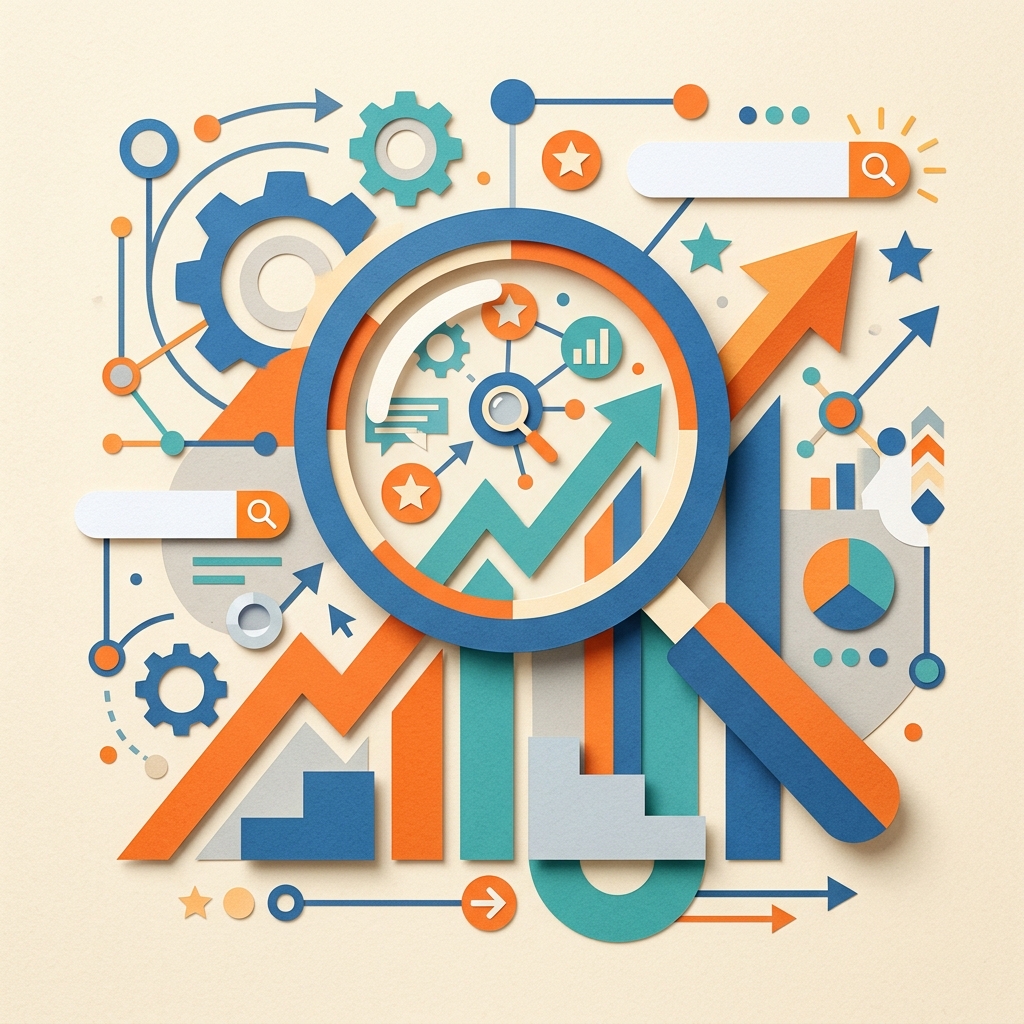 A flat editorial collage illustration representing business market growth and SEO search engine visibility.