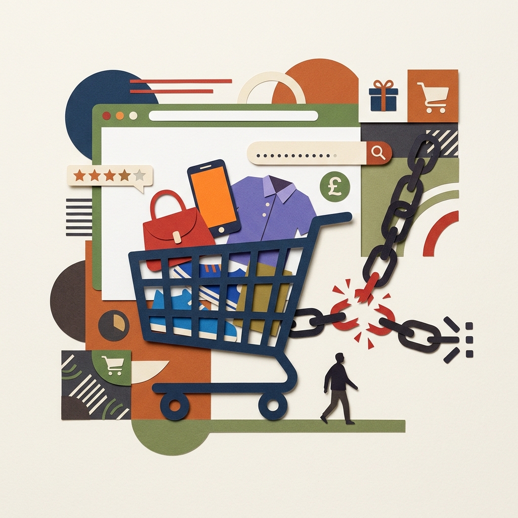A flat editorial collage illustration representing online shopping cart abandonment.