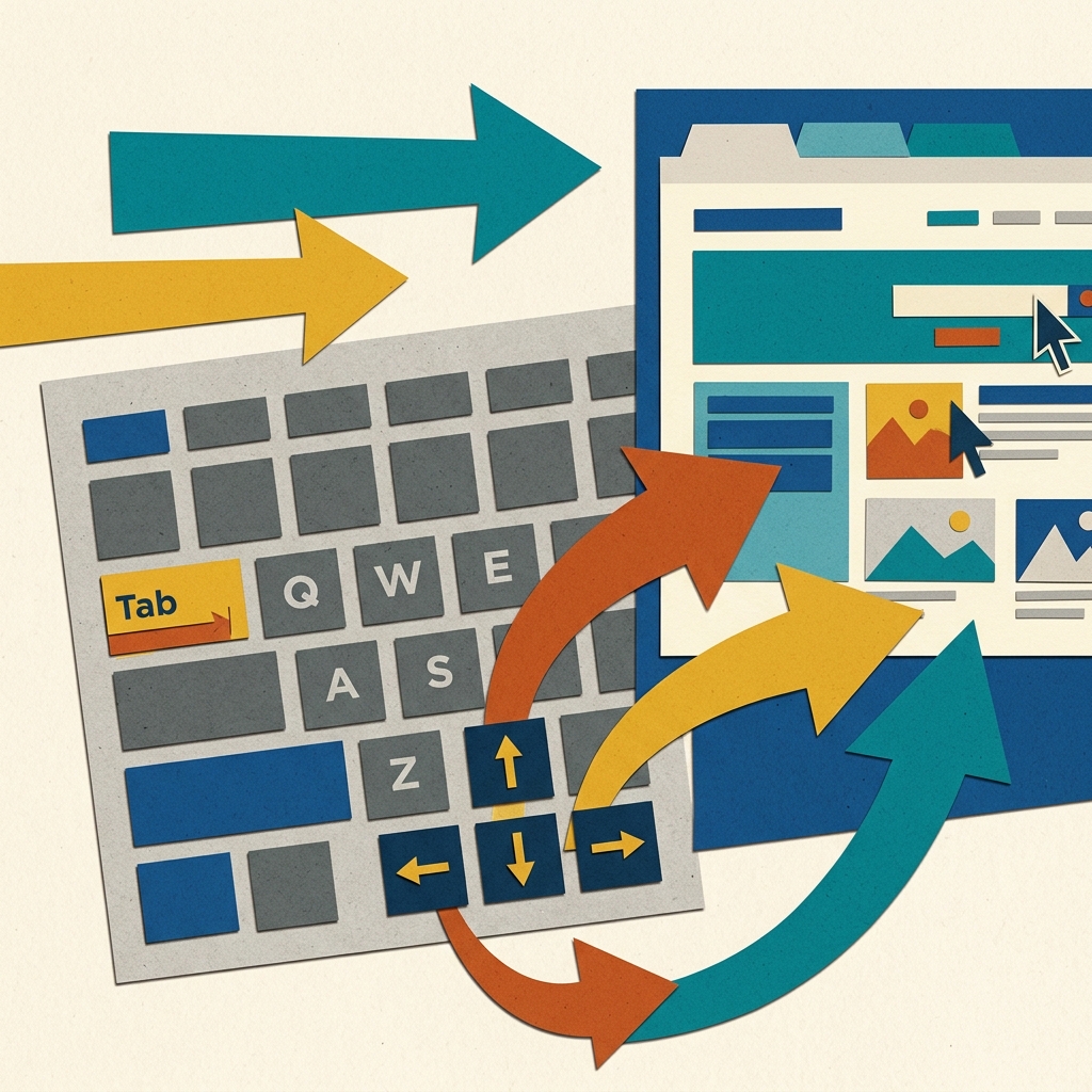 A flat editorial collage illustration representing keyboard navigation.