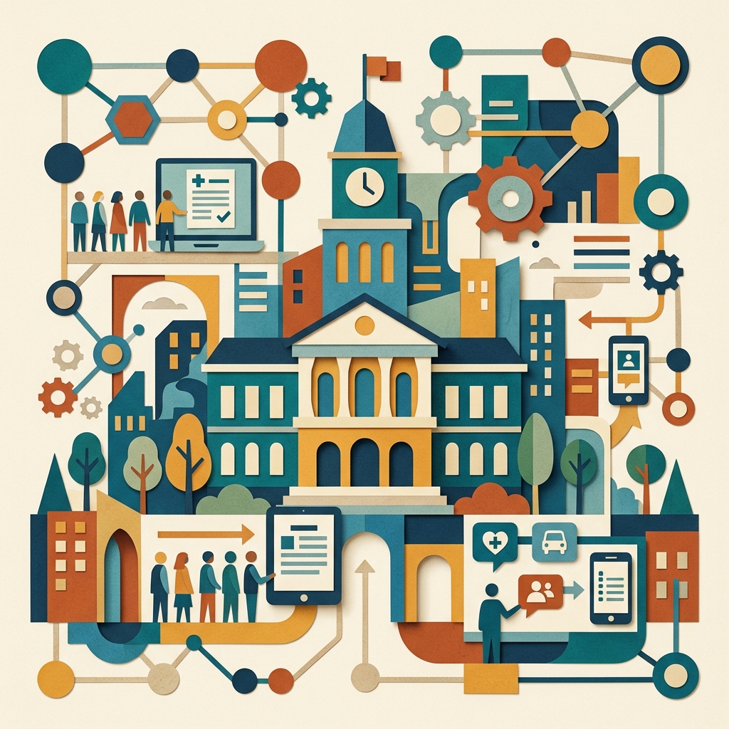 A flat editorial collage illustration representing local government public administration challenge.