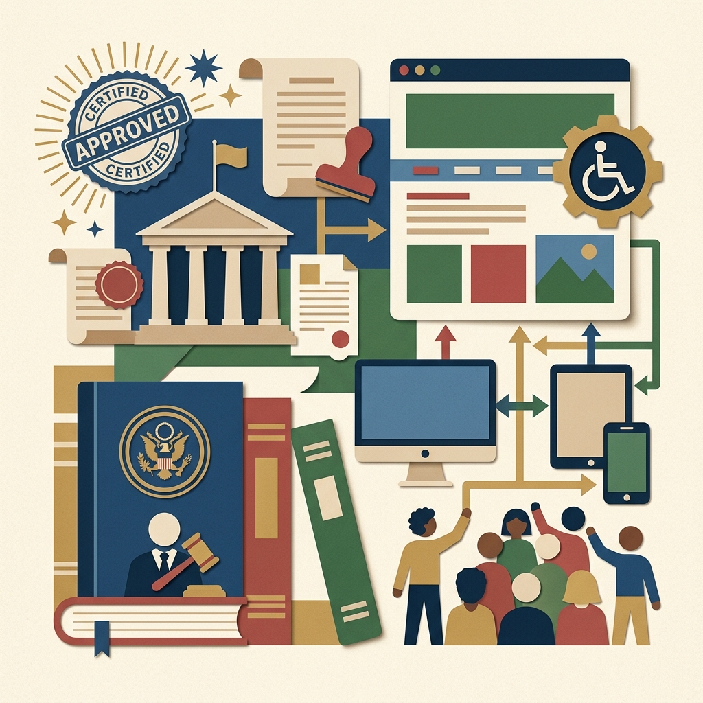A flat editorial collage illustration representing Title II ADA and Section 508 legal regulations.