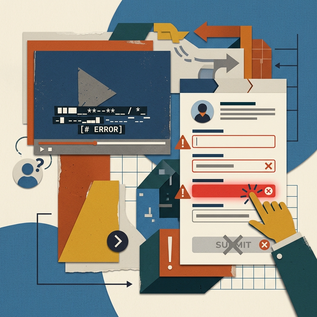 A flat editorial collage illustration representing digital pain points like inaccessible forms and video captioning issues.