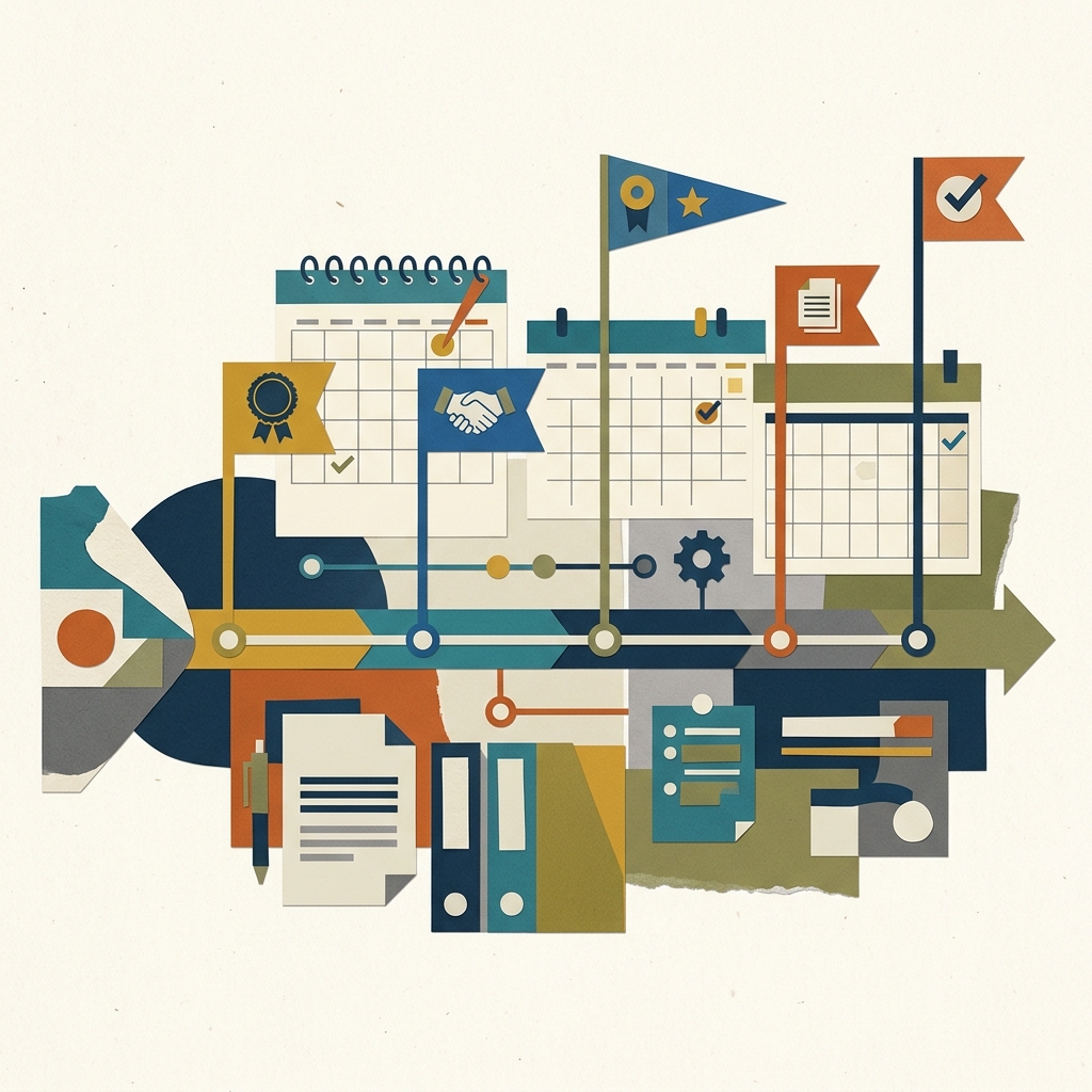 A flat editorial collage illustration representing a practical compliance timeline and roadmap for town clerks.