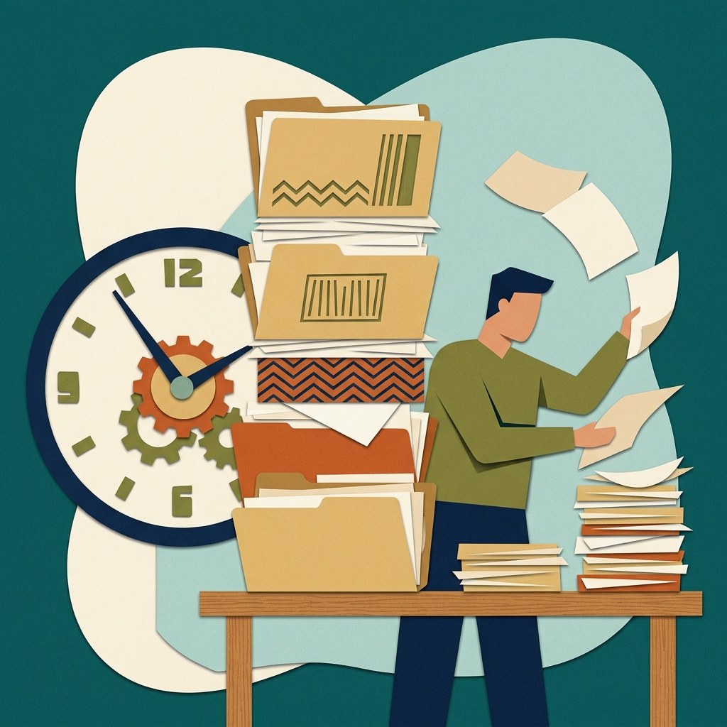A flat editorial collage illustration representing the administrative burden of handling massive legacy document files.