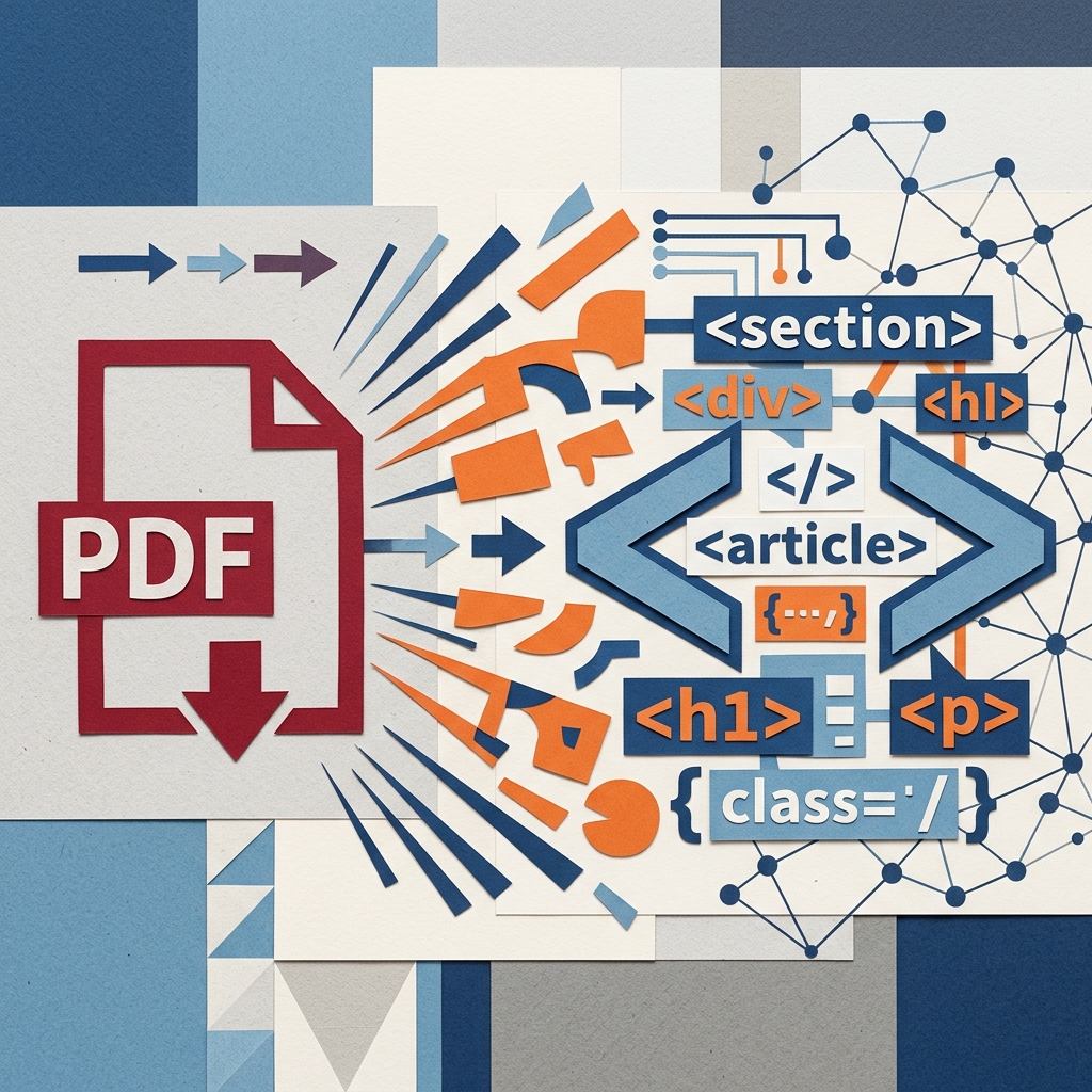 A flat editorial collage illustration representing the transition from static document files to semantic web pages.