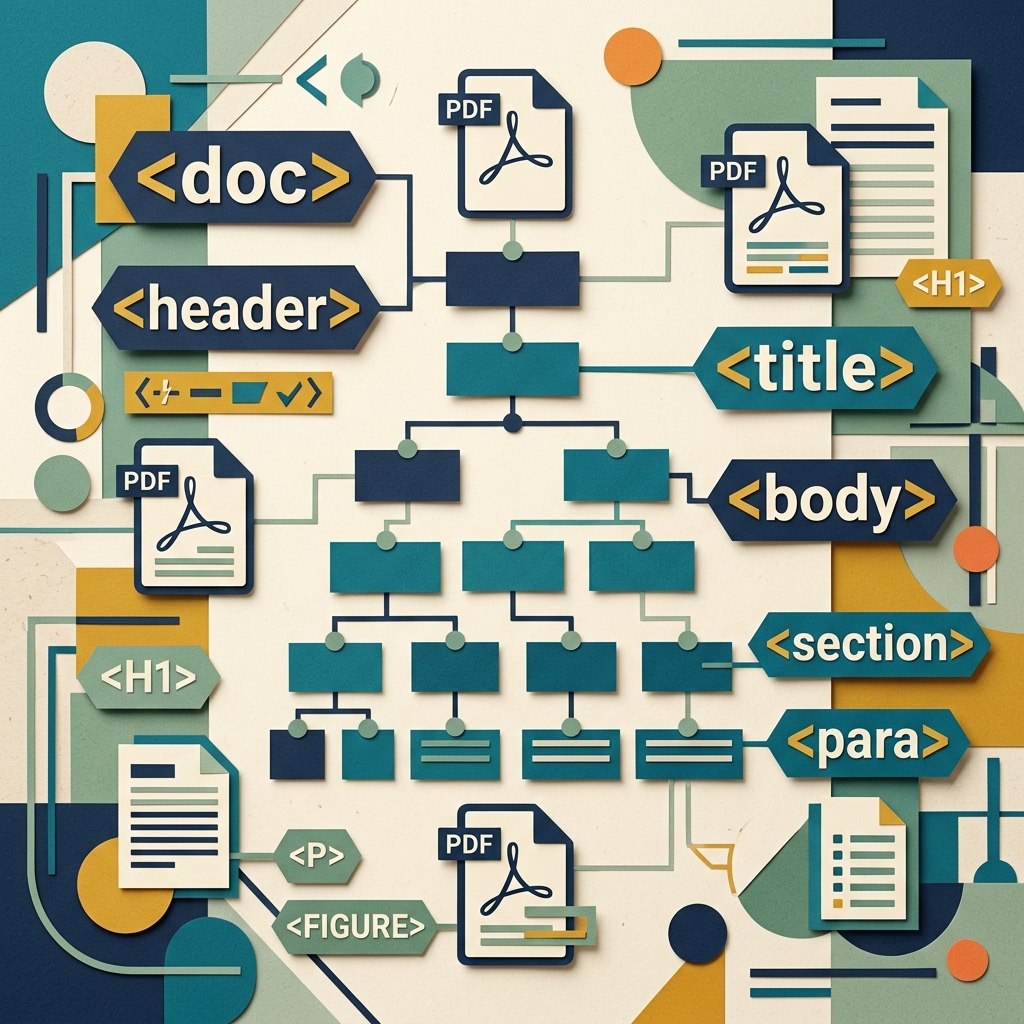 A flat editorial collage illustration representing document structure tagging.
