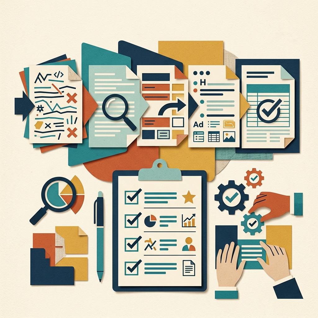 A flat editorial collage illustration representing a document remediation check workflow.