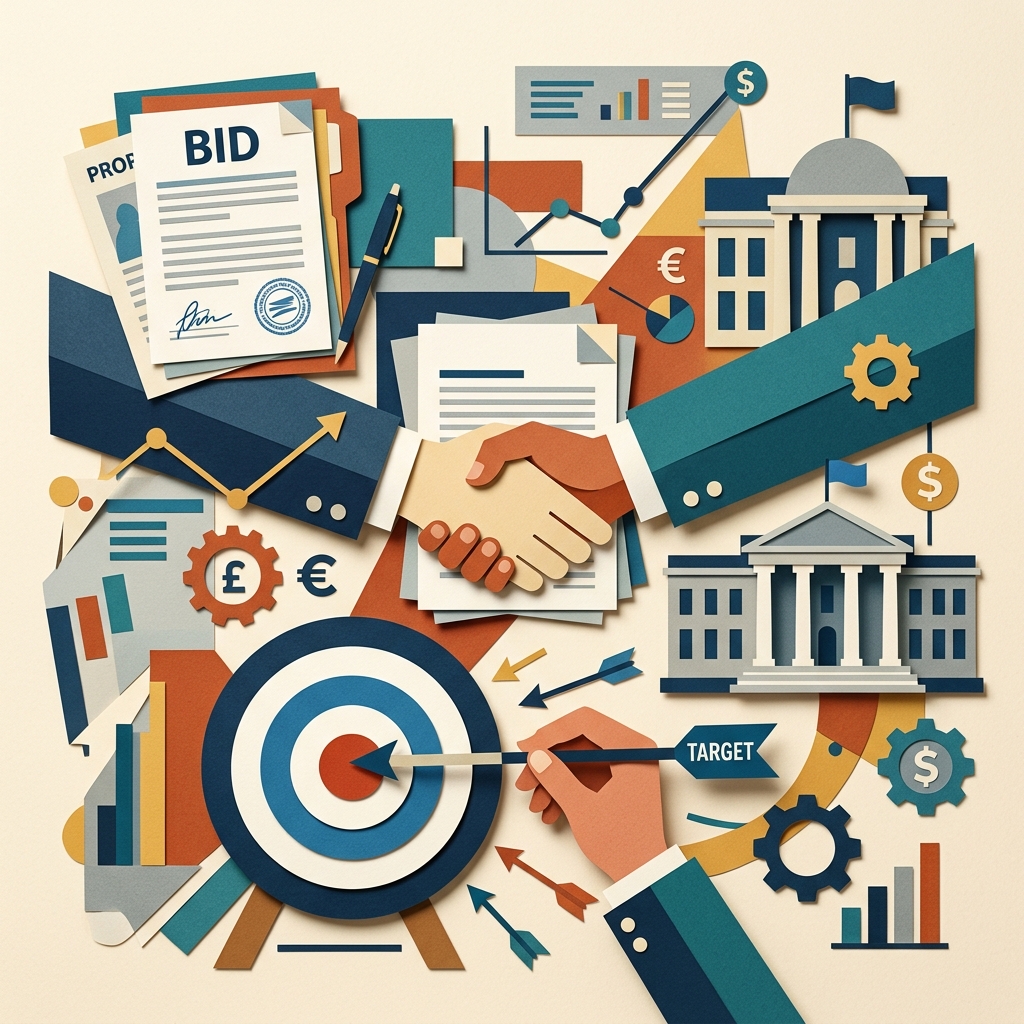 A flat editorial collage illustration representing public sector contract procurement and bidding.