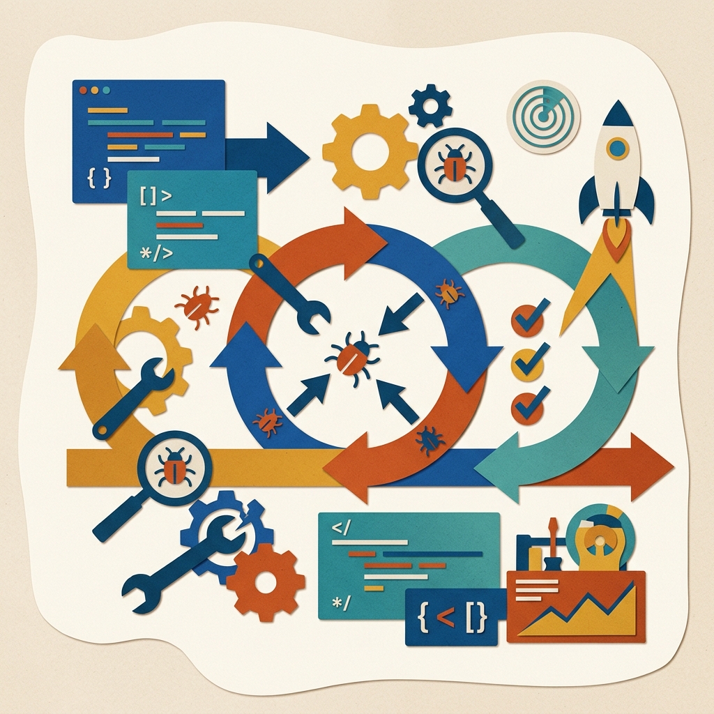 A flat editorial collage illustration representing technical product remediation and lifecycle management.
