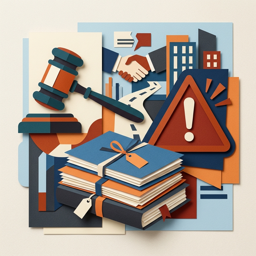 A flat editorial collage illustration representing legal litigation risk in business.
