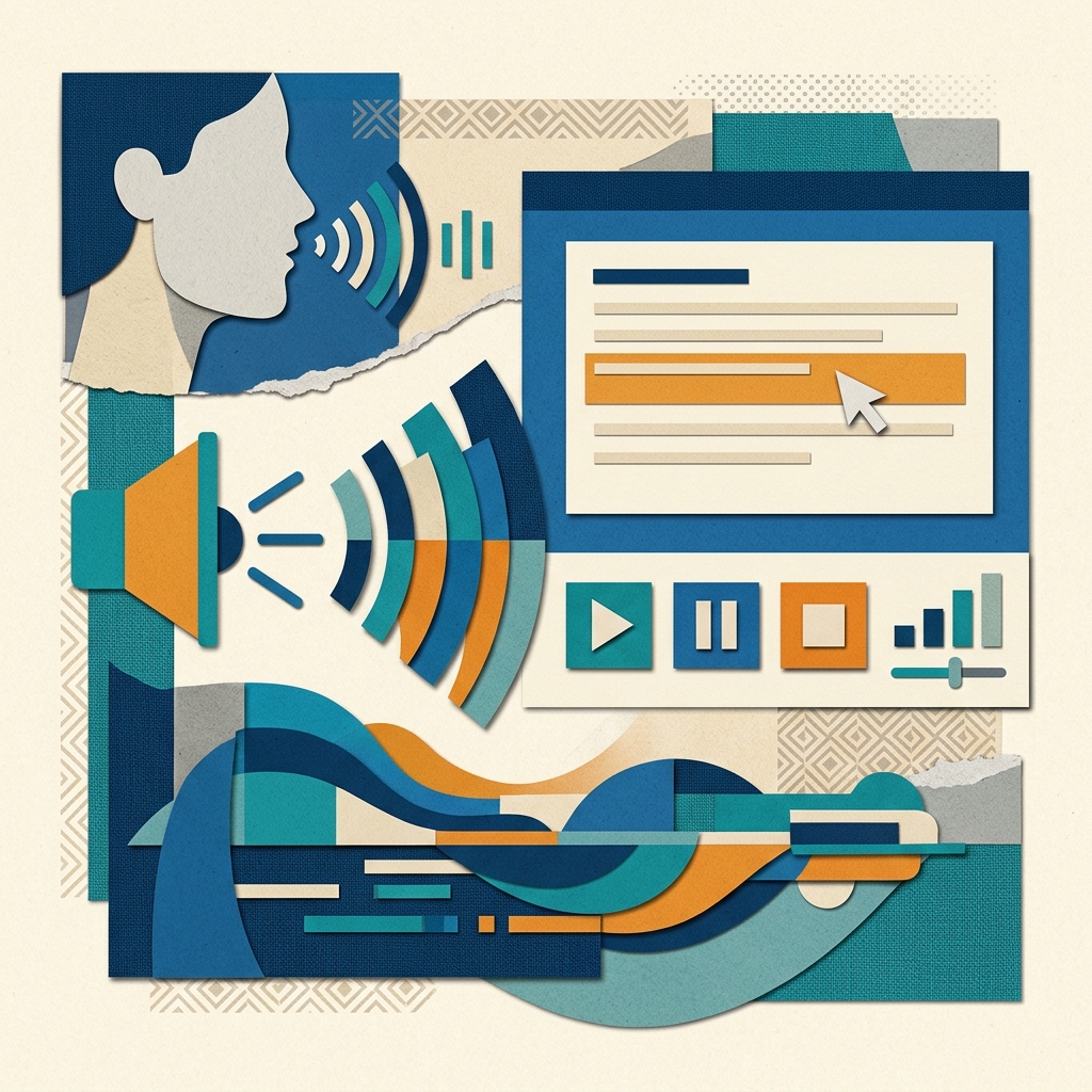 A flat editorial collage illustration representing a screen reader voice synthesis interface.