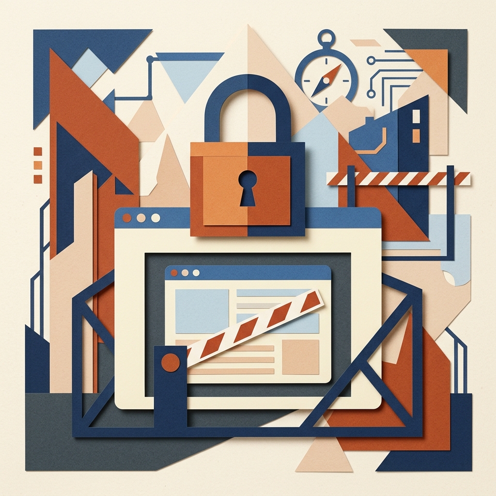 A flat editorial collage illustration representing technical limits and cross-origin iframe security blocks.