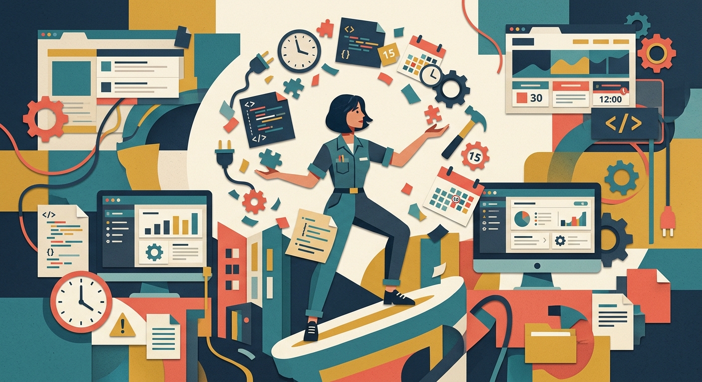 A flat editorial collage illustration representing a website administrator's operational burden.