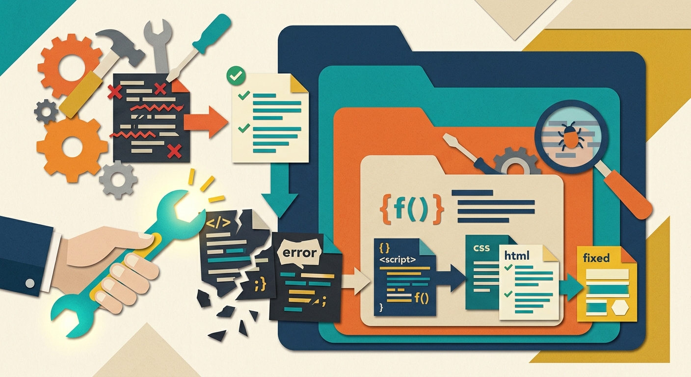 A flat editorial collage illustration representing theme code remediation.