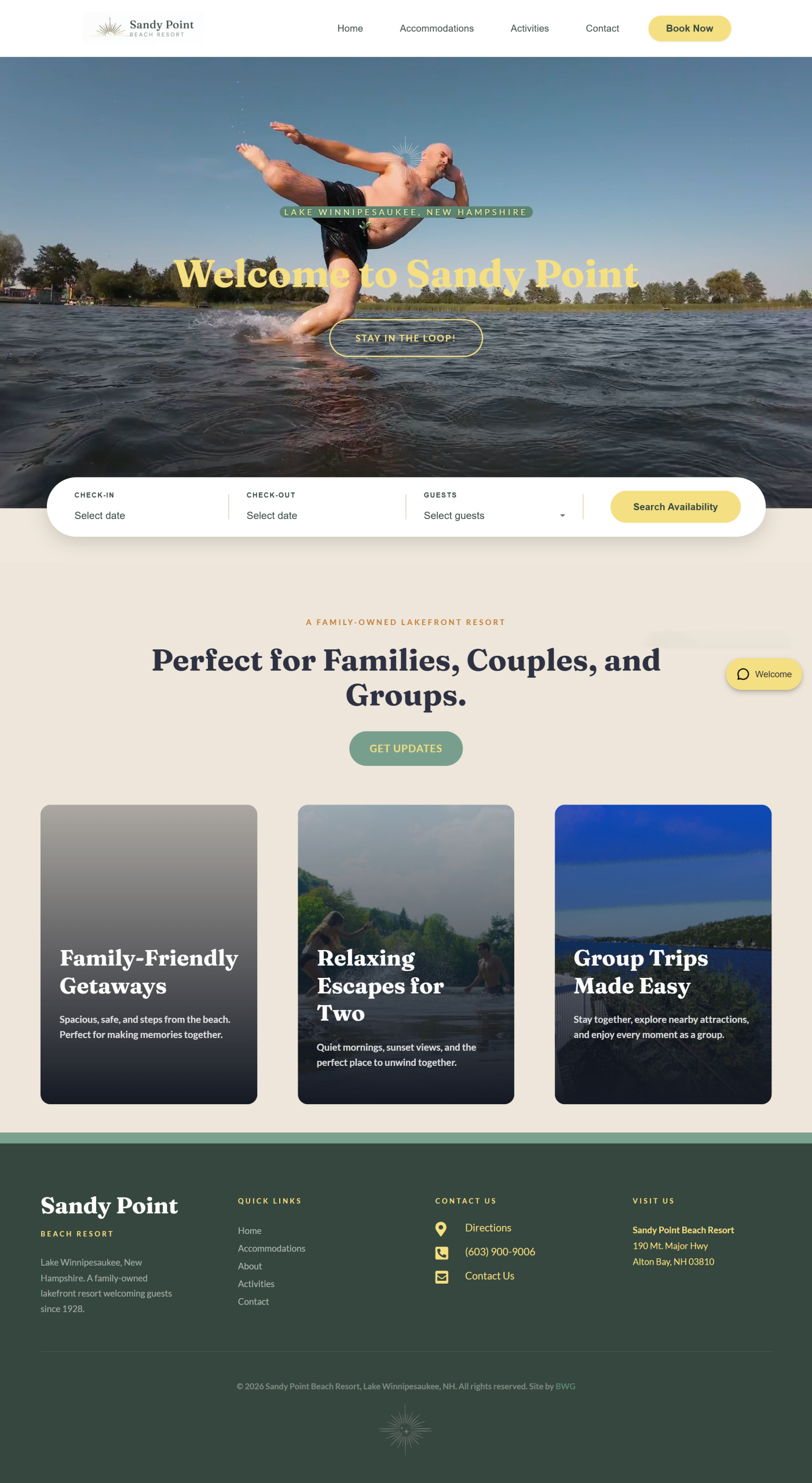 Sandy Point website design layout showing lake cabins and online booking system
