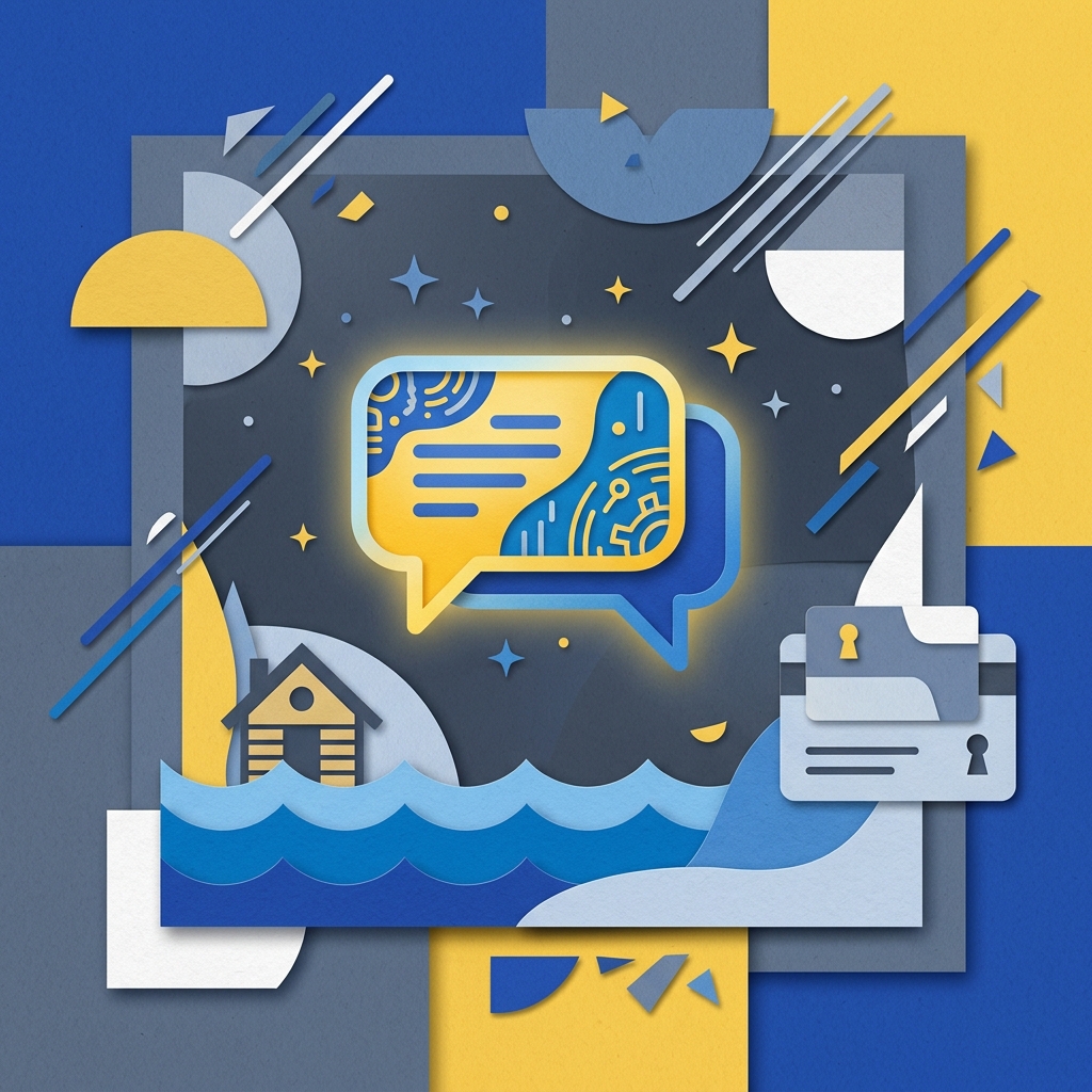 Editorial collage illustration representing a 24/7 AI guest-assistant and receptionist