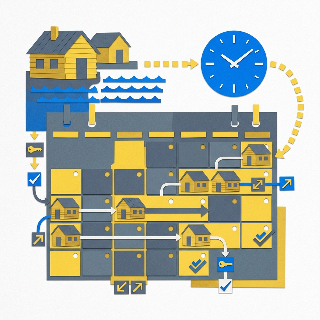 Editorial collage illustration representing real-time cabin listing and calendar synchronization
