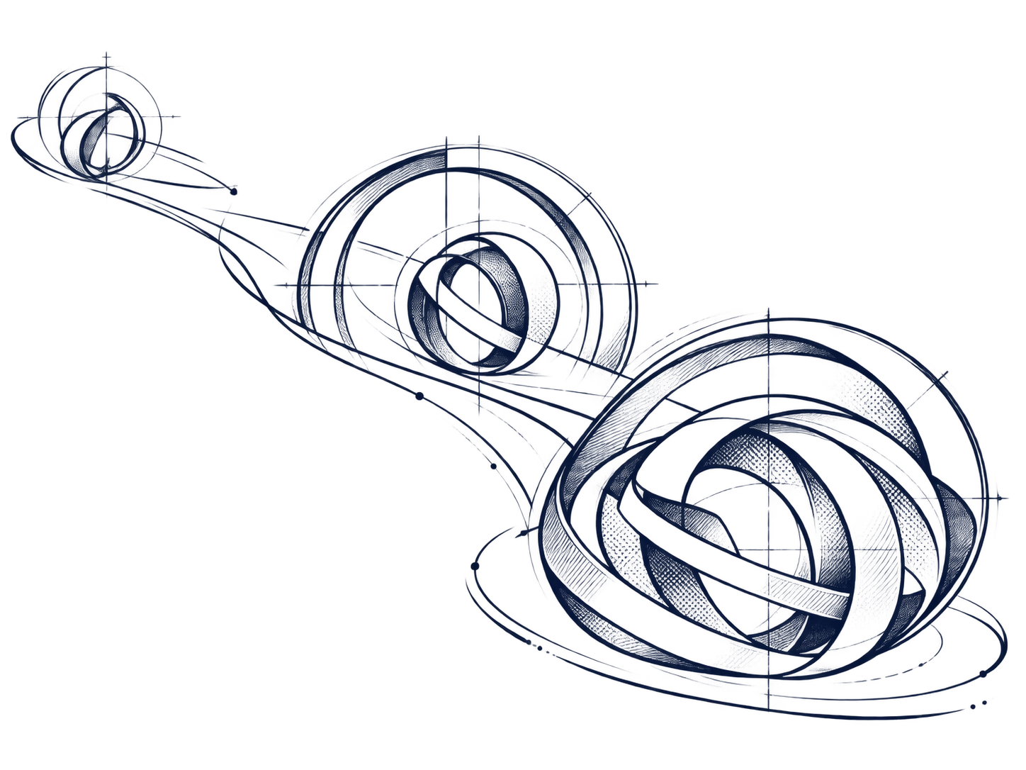 A small loose sketch of orbit lines grows along a path into a larger, denser, fully structured orbital system