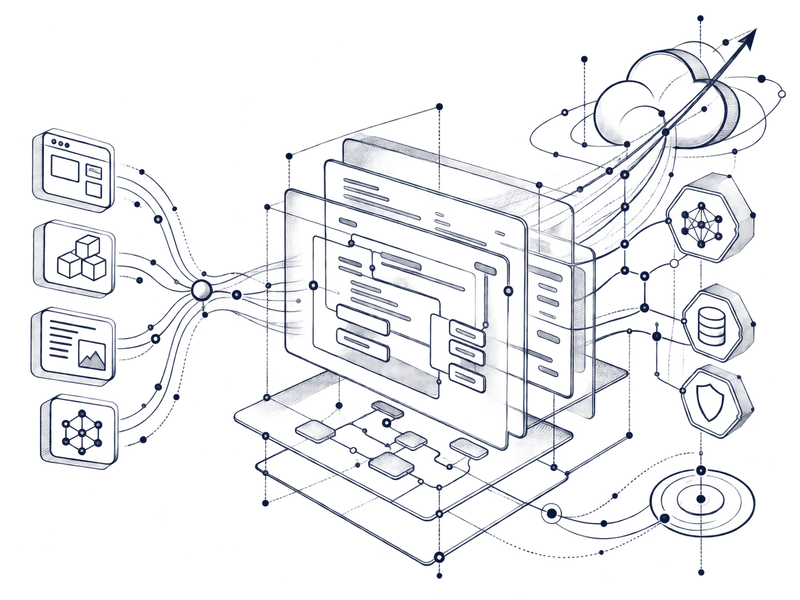 Layered code structures connect web experiences, application logic, AI, deployment, security, and operational signals