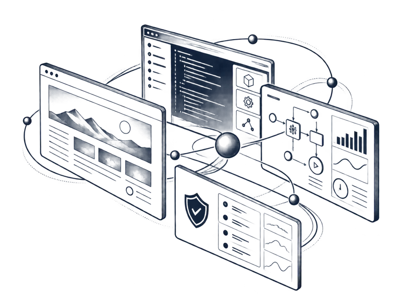 A finished website, its code, a workflow and analytics panel, and a security checklist connect around a central node