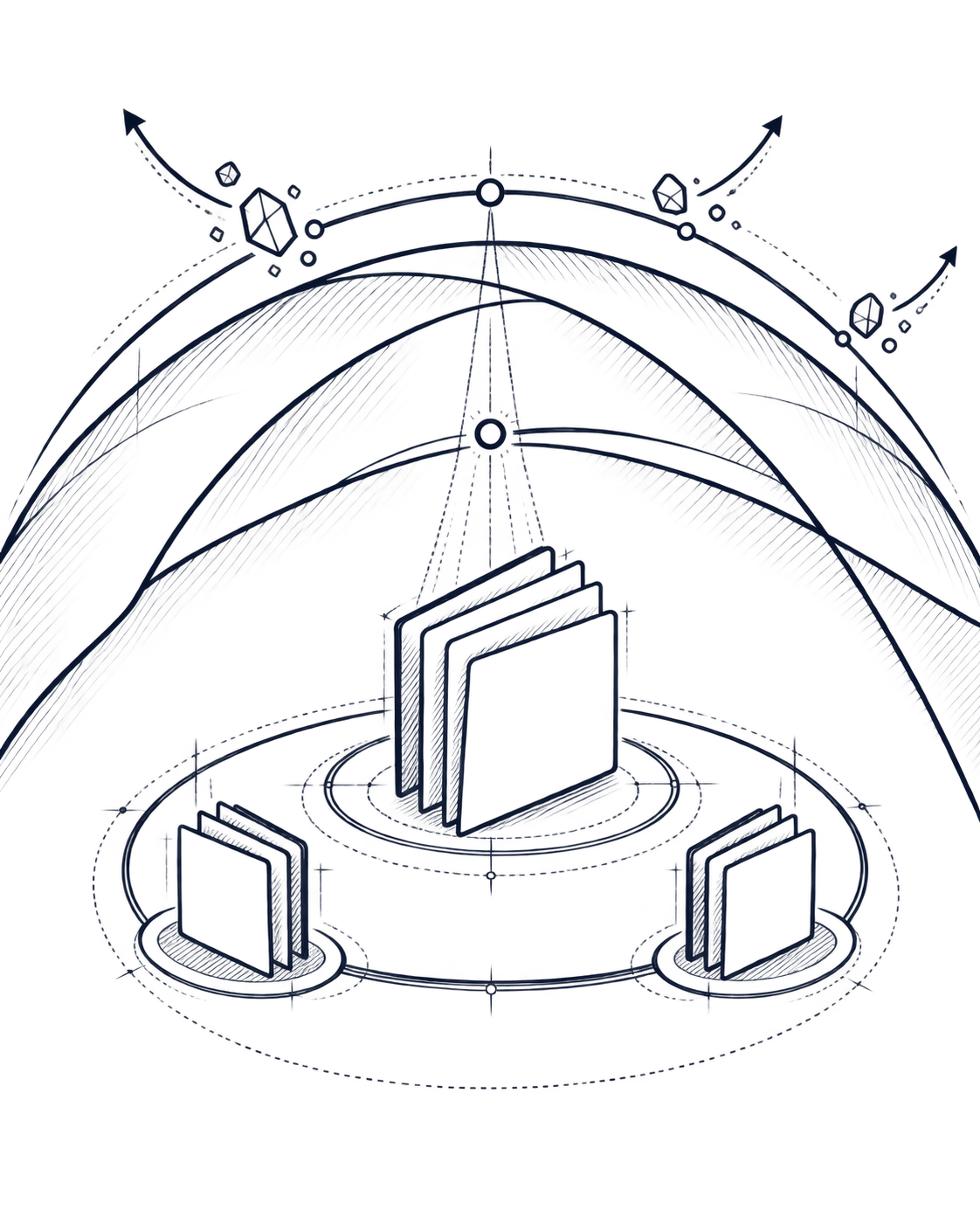 A protective dome of arcs shelters replicated documents arranged in connected rings